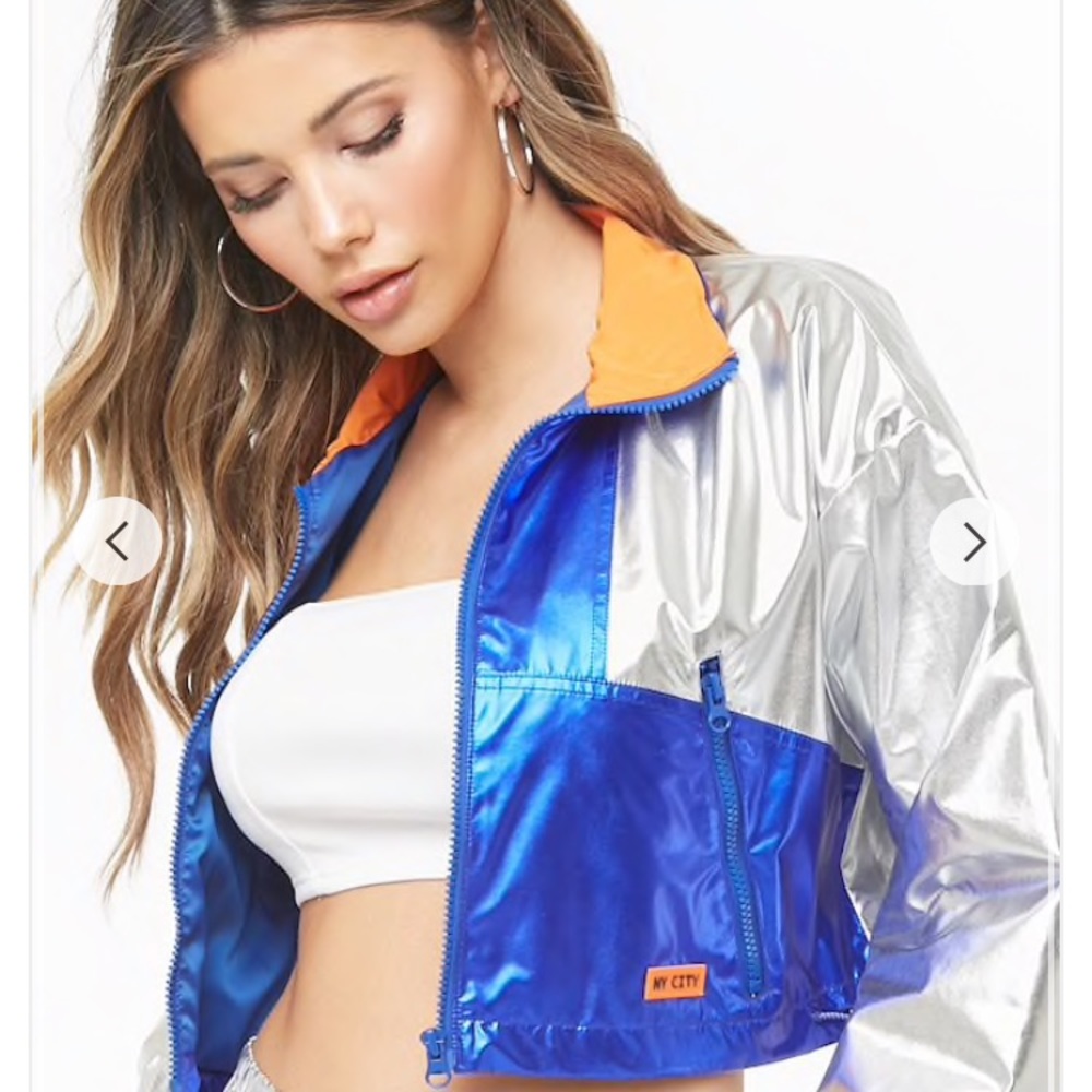 Blue silver cropped windbreaker jacket